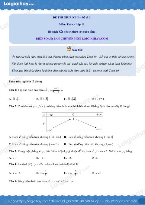 Đề thi giữa kì 2 Toán 10 Kết nối tri thức - Đề số 3